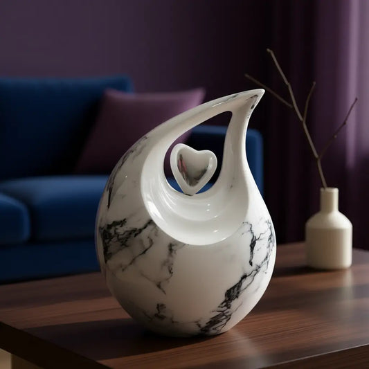 White Marble Heart Teardrop Urn