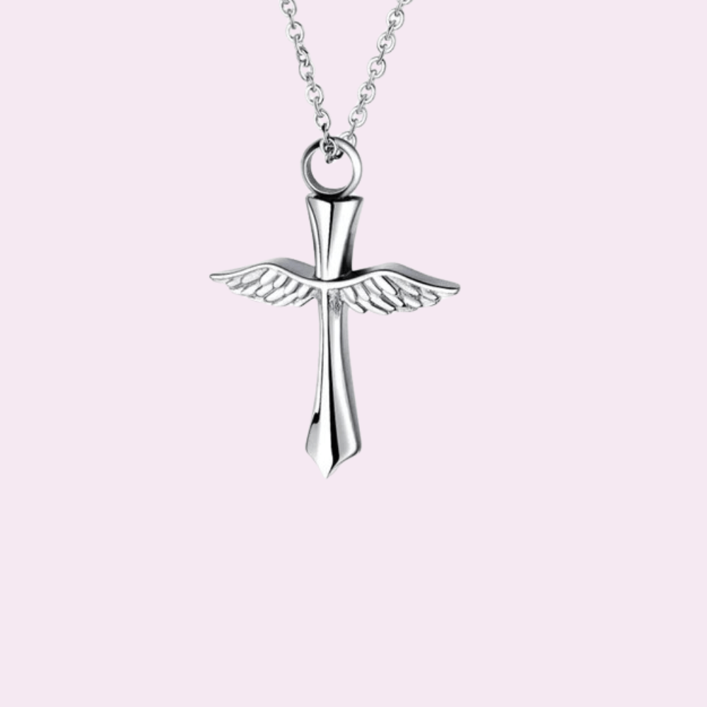 Angel Wing Cross Cremation Urn Necklace - Memorial Ashes Keepsake Jewelry With Chain