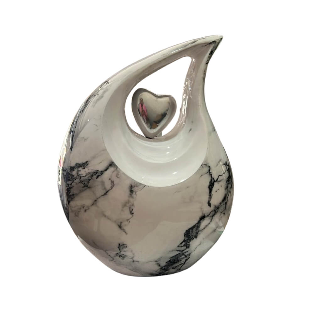 White Marble Heart Teardrop Urn